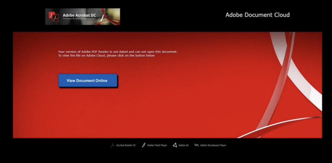 Fake Adobe Document Cloud page prompting the target to view the document online.