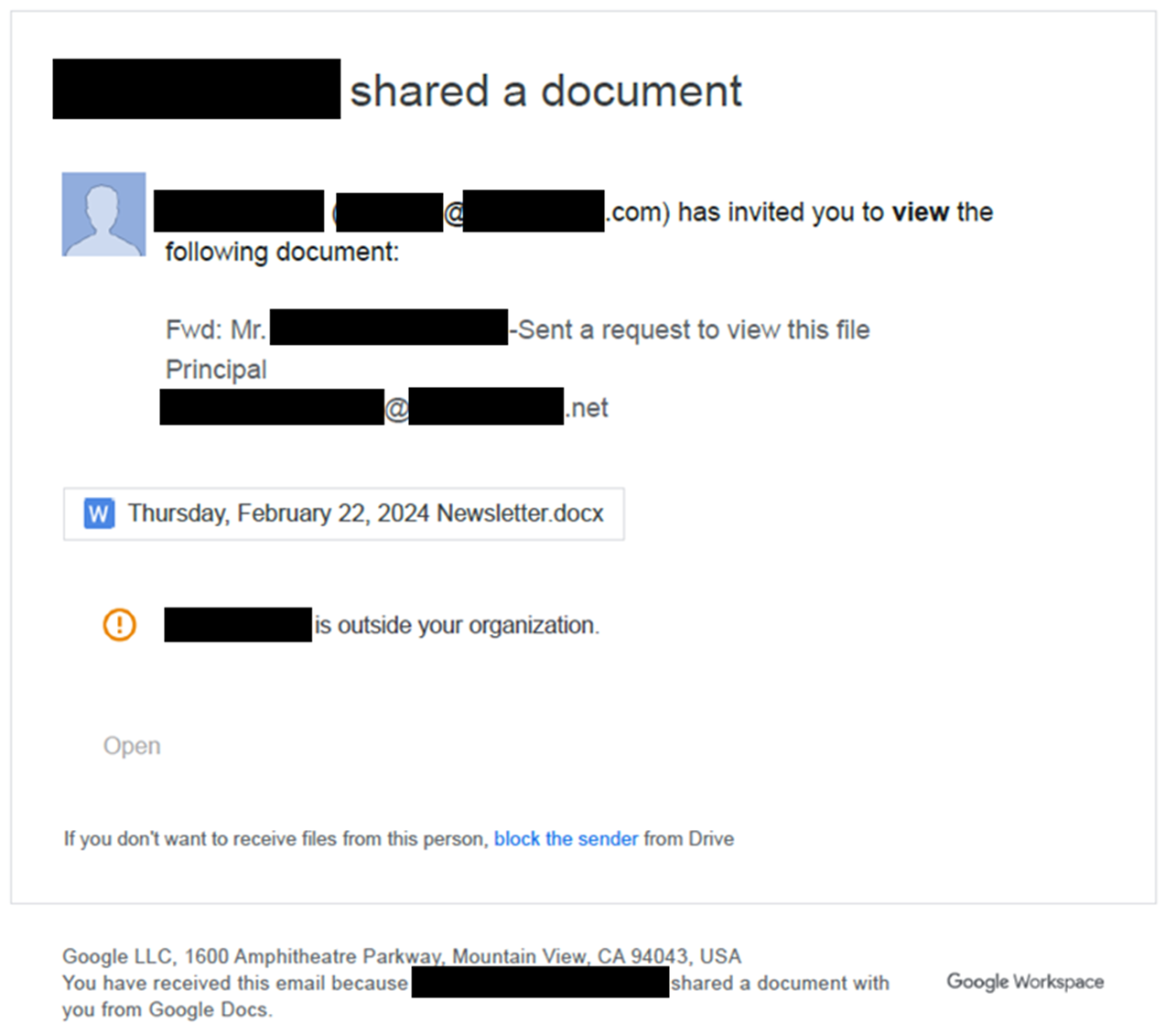 The initial phishing email targeting staff.