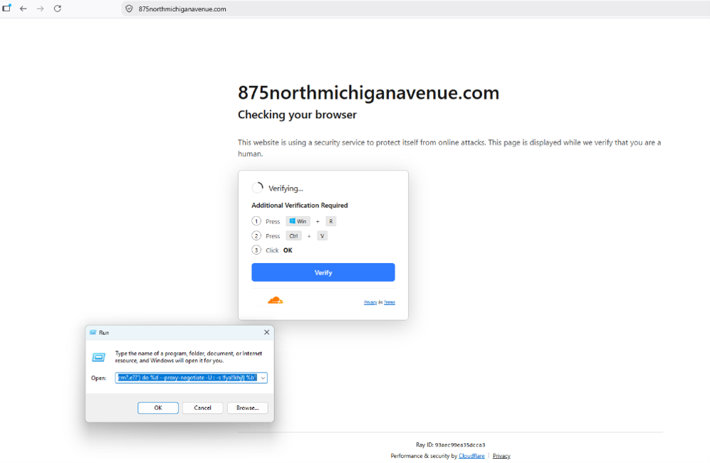 Fake Cloudflare verification page instructing the victim to paste a command into the Windows Run box