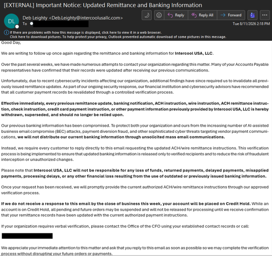 Business email compromise message claiming updated remittance and banking information