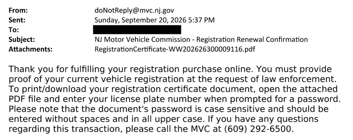 Spoofed NJMVC registration renewal confirmation email