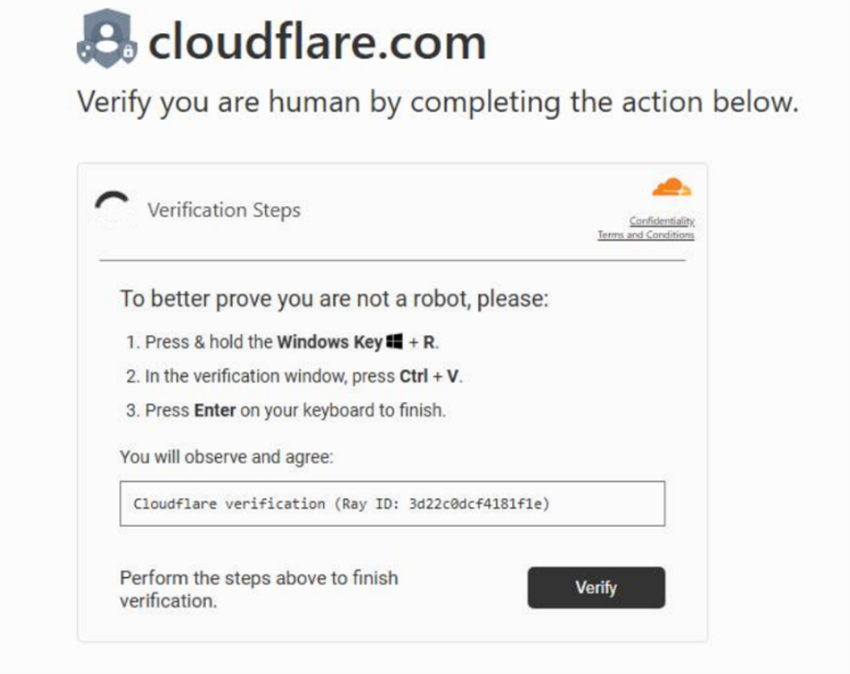 Fake Cloudflare human-verification page instructing the user to run a command