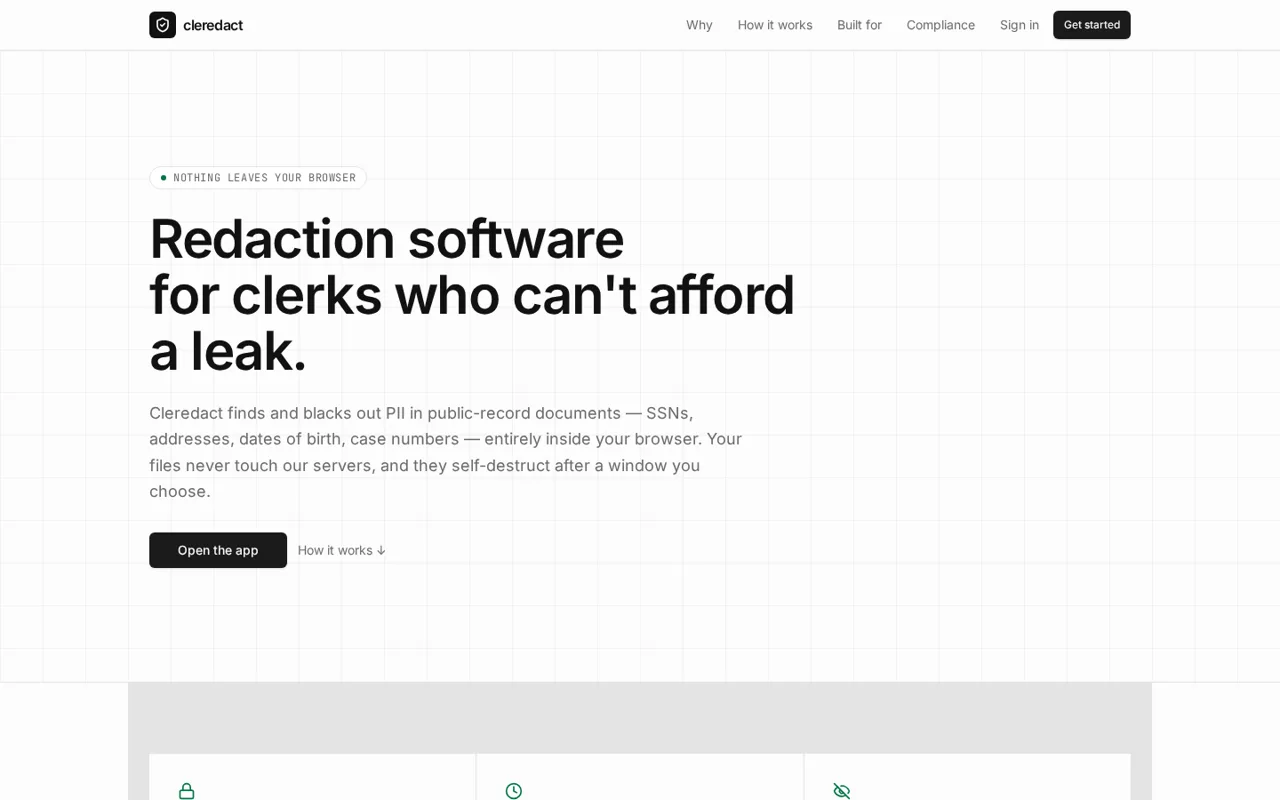 Cleredact overview explaining in-browser PII redaction for public-records clerks