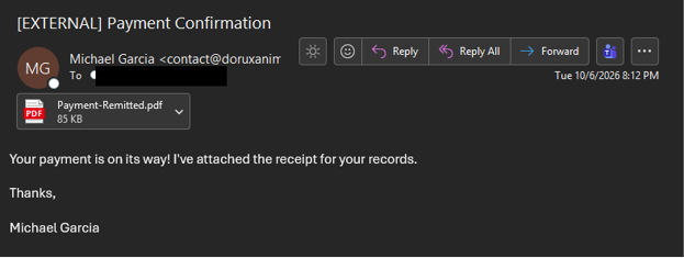 Phishing email titled Payment Confirmation with a Payment-Remitted.pdf attachment