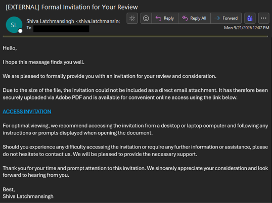 Phishing email with a generic formal invitation pointing to an external Adobe PDF link