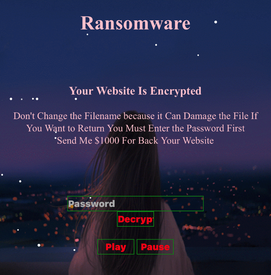 Defaced webpage displaying a ransom message demanding payment