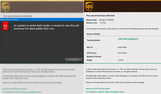 Fake UPS parcel delivery notification PDF prompting an Adobe Flash update