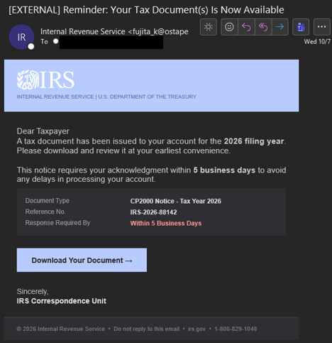 Phishing email impersonating the IRS claiming a tax document is available for download
