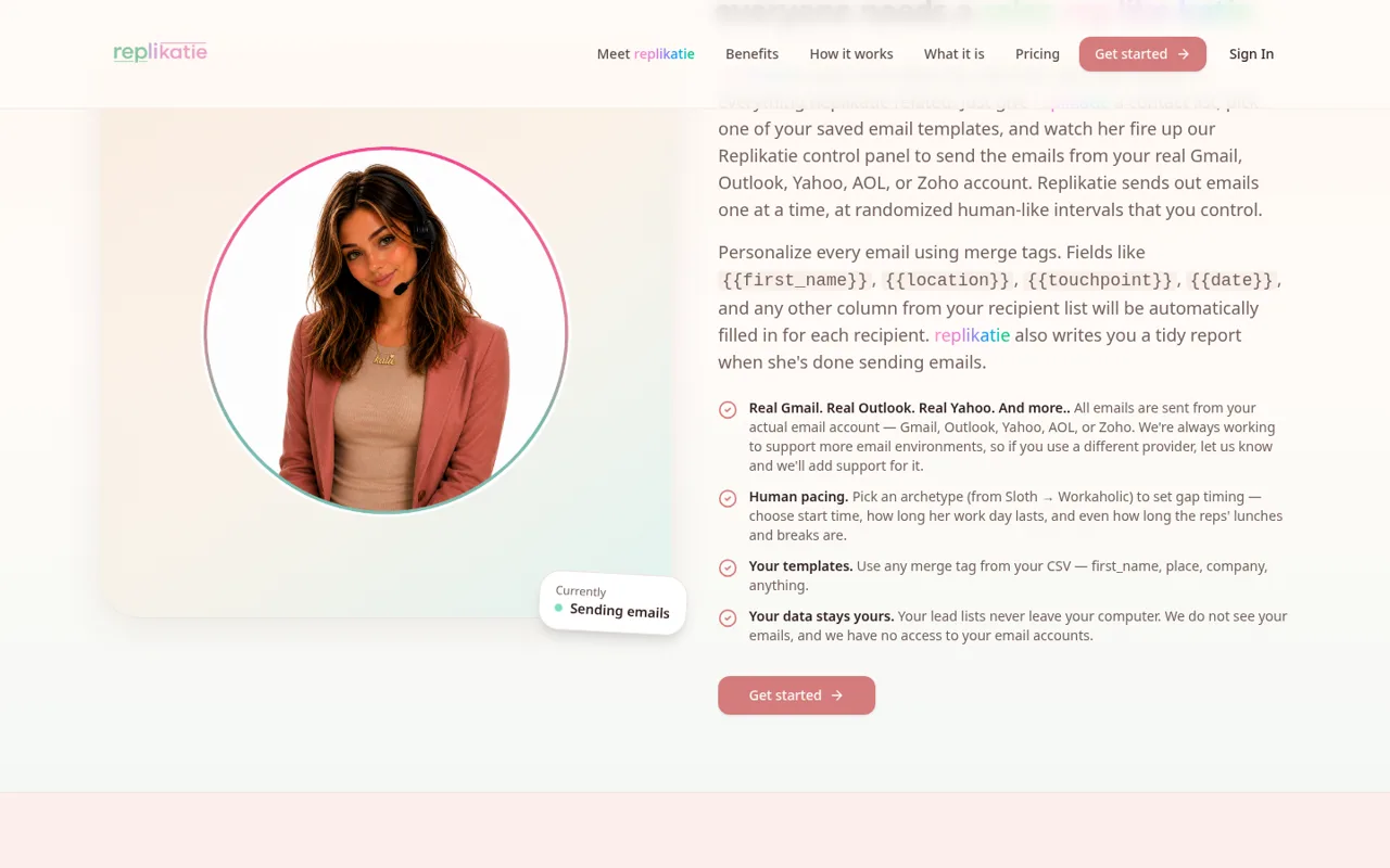 Katie, Replikatie’s sending persona, alongside the pacing, template and local-data features