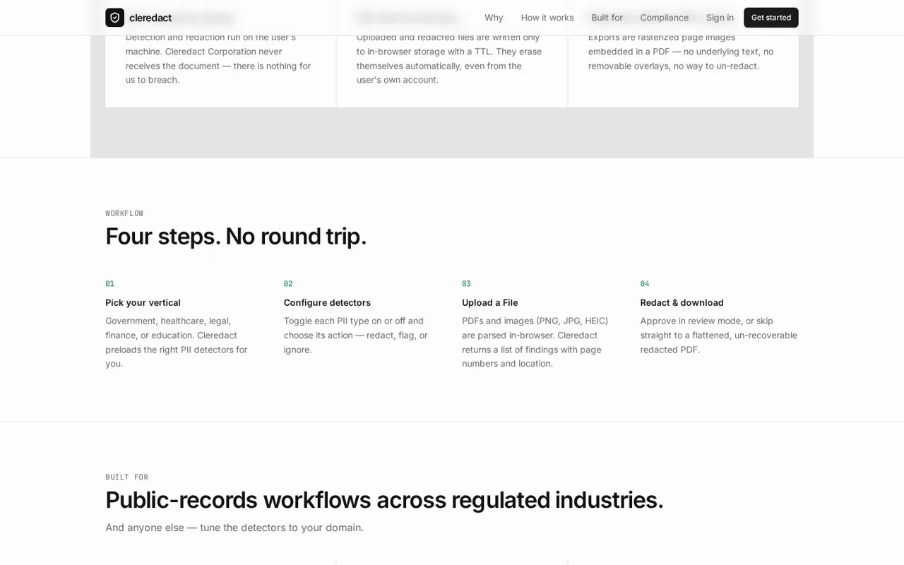 Cleredact four-step workflow: choose vertical, configure detectors, upload, redact and download
