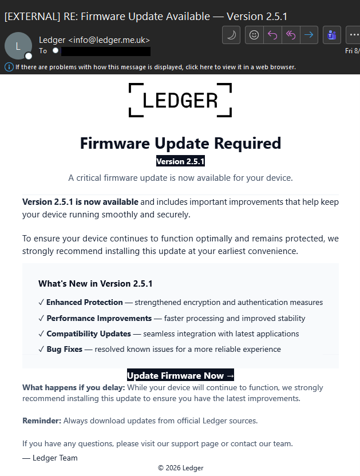 Phishing email using Ledger branding claiming a critical firmware update is required