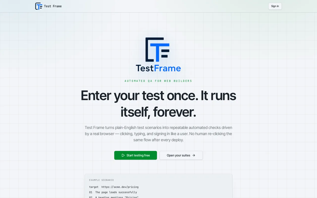 Test Frame overview with an example plain-English test scenario