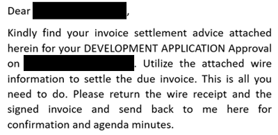 Phishing email impersonating a municipal planning and zoning department requesting a wire payment