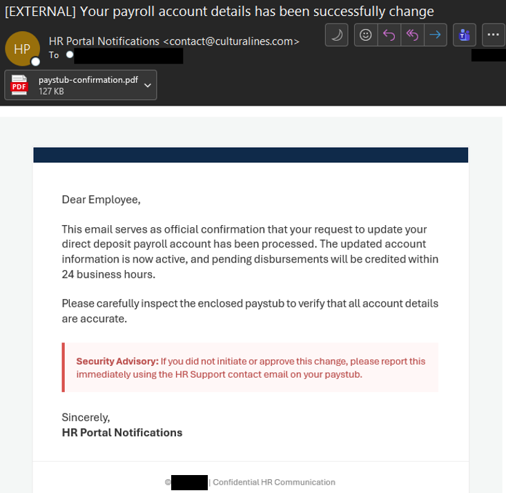 Phishing email impersonating an HR portal confirming a direct deposit payroll change.