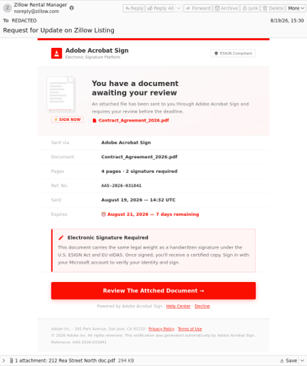 Phishing email impersonating Zillow Rental Manager with an Adobe PDF attachment.