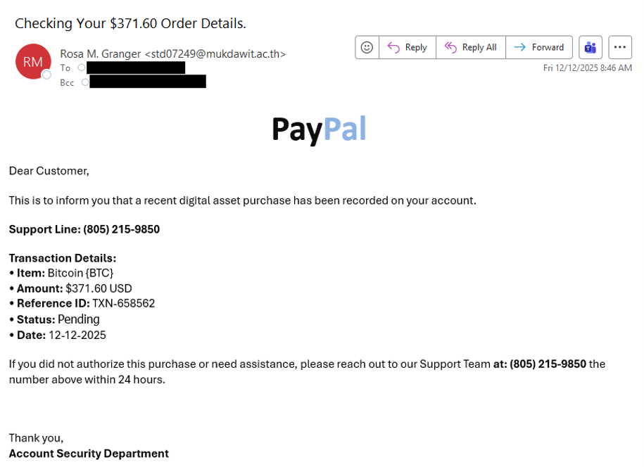 Fraudulent PayPal order confirmation email listing a support phone number