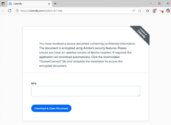 Calendly page instructing the target to download a ScreenConnect file