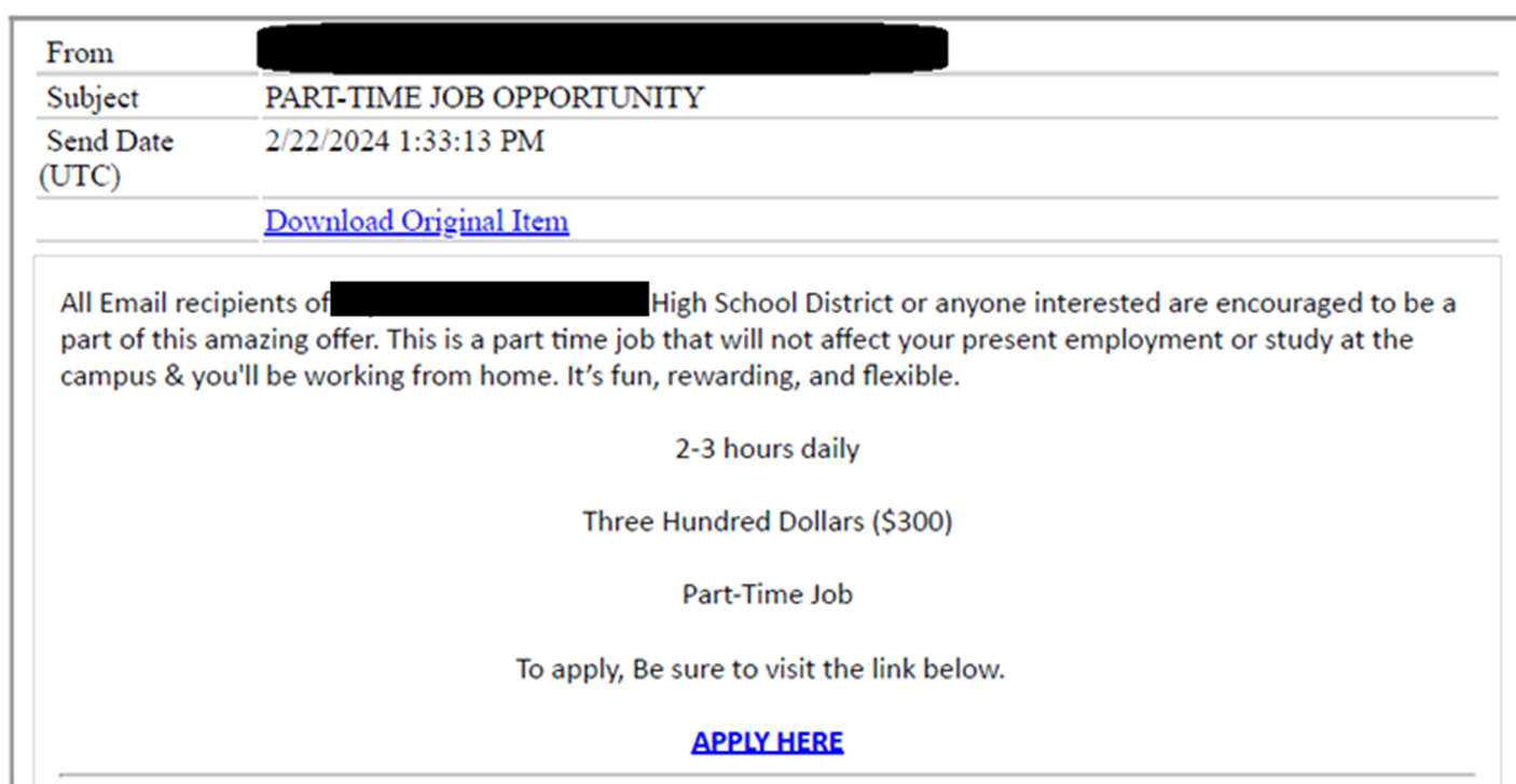 Email sent from compromised accounts to students.