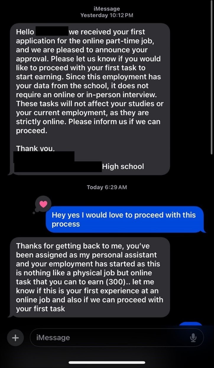 Text conversation between threat actor and student.